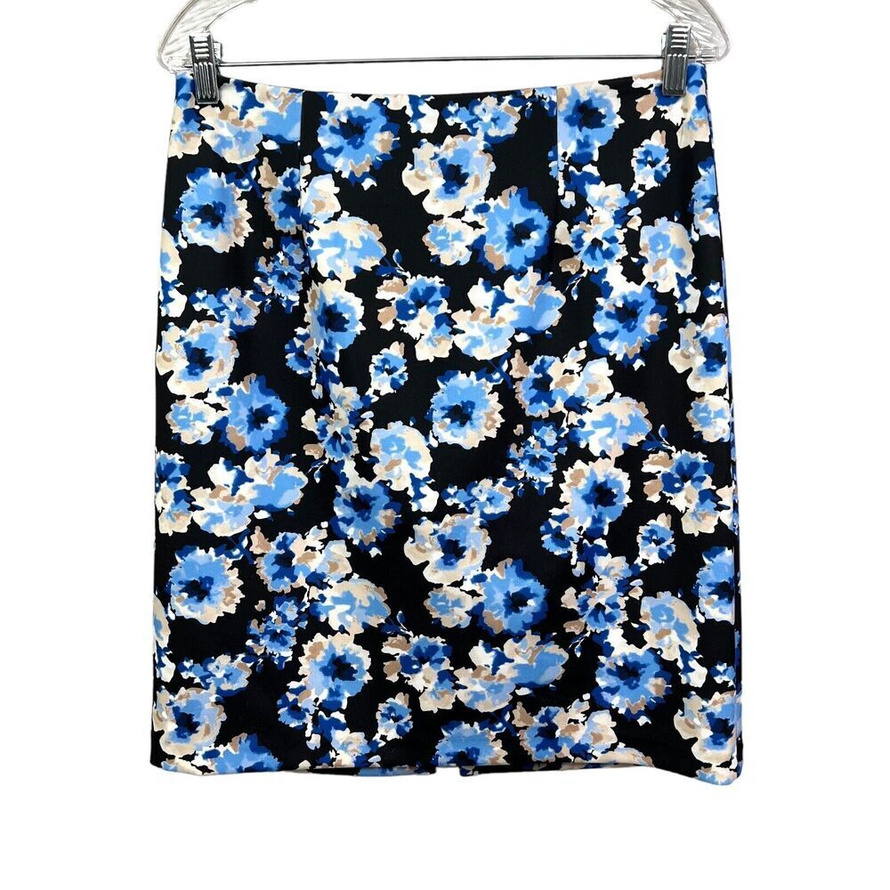 Carmen Marc Valvo Womens Skirt Floral A Line Stretch Vented Zip Blue Black Sz 8*